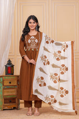 Brown Pure Cotton Embroidered Kurta Set with Dupatta