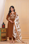 Brown Pure Cotton Embroidered Kurta Set with Dupatta