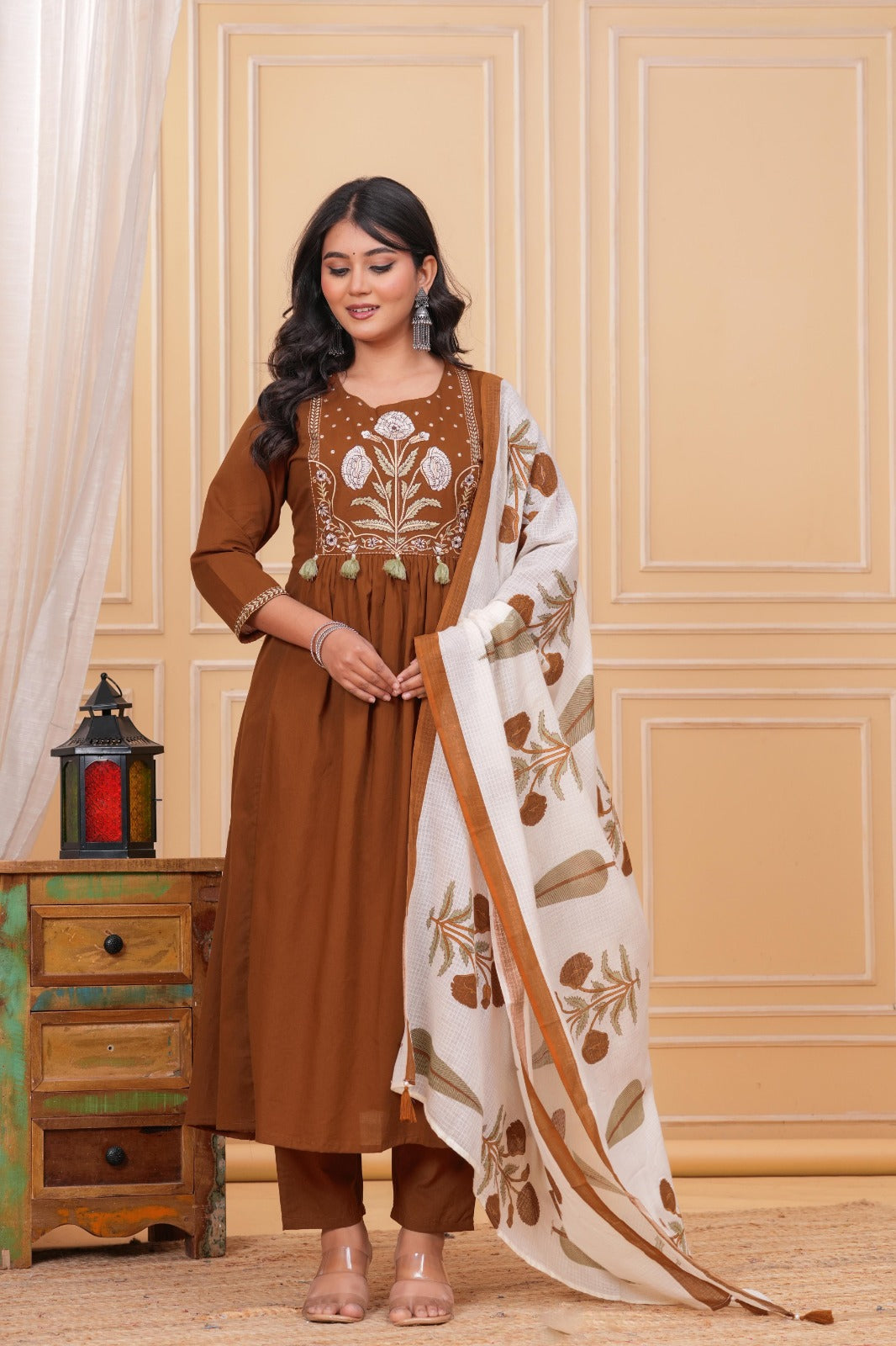 Brown Pure Cotton Embroidered Kurta Set with Dupatta