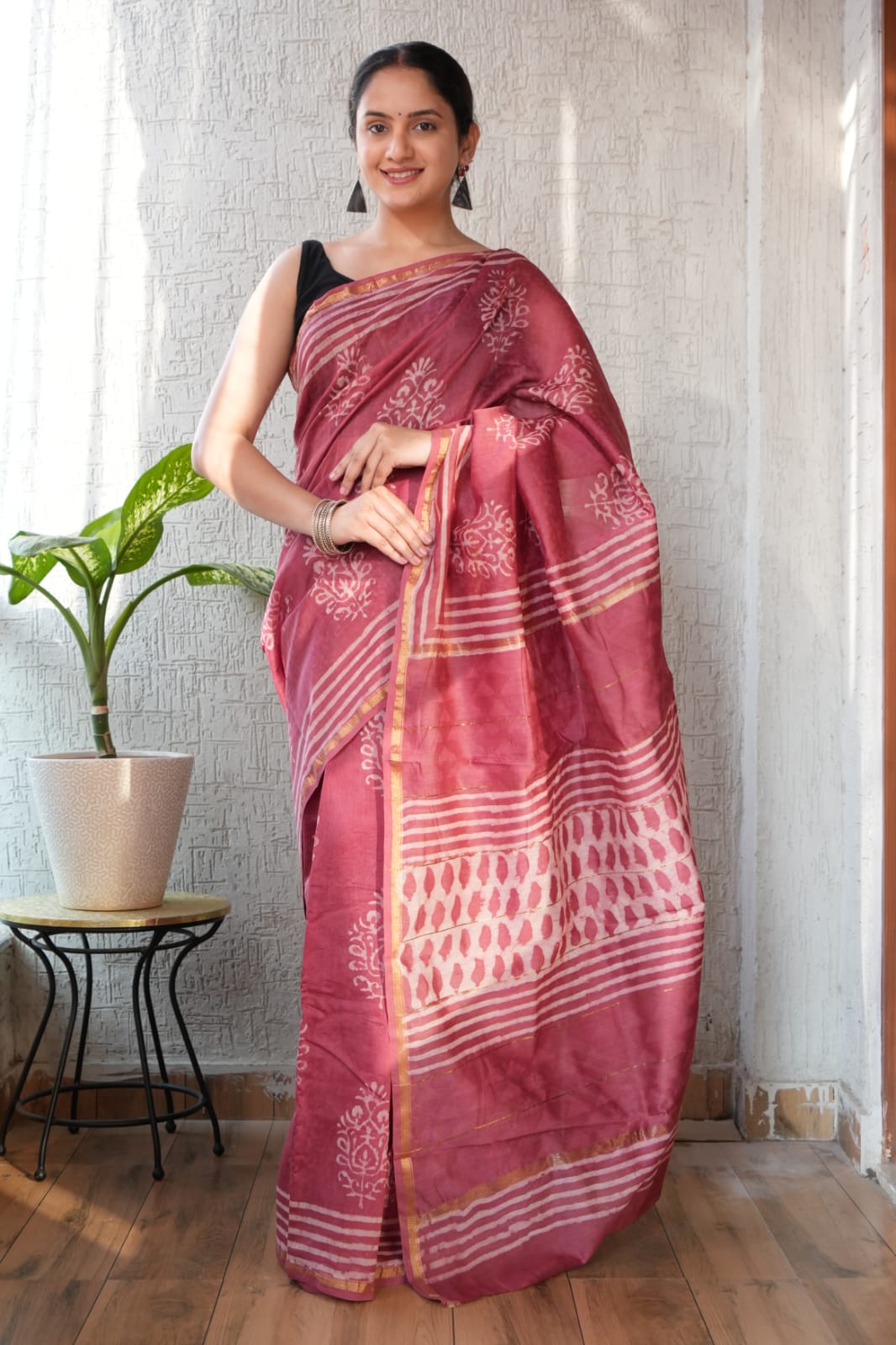 Bagru Hand Block Printed Chanderi Silk Saree with Blouse (CSS100)