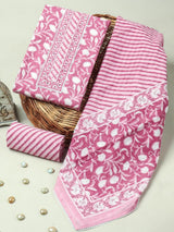 Baby Pink Floral Handblock Print Cotton Suit with Cotton Dupatta