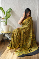 HAND BLOCK PRINTED AJARKH MODAL SILK SAREE (CIG15)
