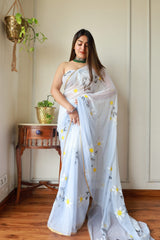 Hand Brush Painted Chiffon Saree with Blouse ( CIA6)