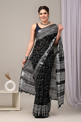 HAND BLOCK BLACK & WHITE PRINTED COTTON LINEN SAREE WITH BLOUSE(LCS33)