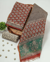 SANGANERI HAND BLOCK PRINTED KOTA DORIYA SUIT WITH KOTA DORIYA DUPPATA (FKS4)
