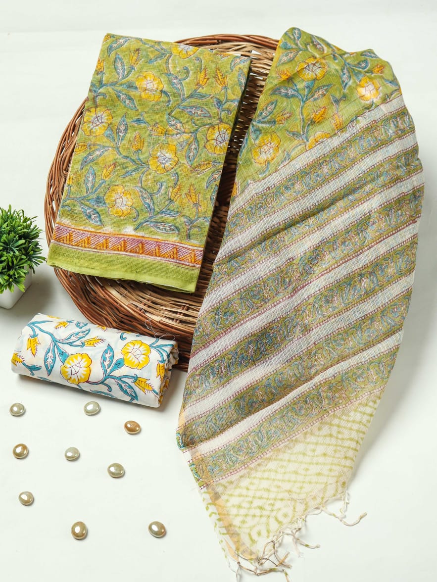 HAND BLOCK PRINTED KOTA DORIYA SUIT WITH KOTA DORIYA DUPPATA (FKS13)