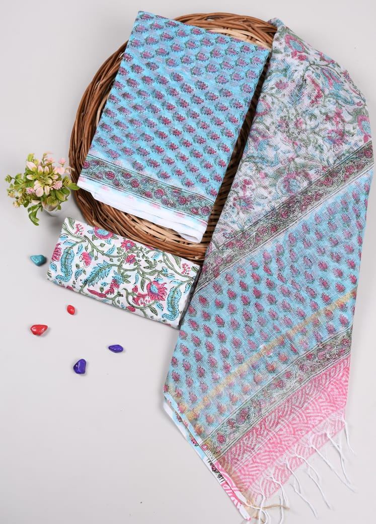 HAND BLOCK PRINTED KOTA DORIYA SUIT WITH KOTA DORIYA DUPPATA (FKS55)