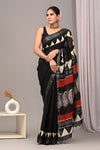 HAND BLOCK BLACK & WHITE PRINTED COTTON LINEN SAREE WITH BLOUSE(LCS41)