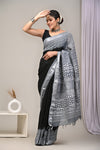 HAND BLOCK BLACK & WHITE PRINTED COTTON LINEN SAREE WITH BLOUSE(LCS44)