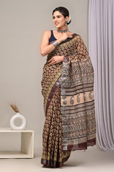 HAND BLOCK BLACK & WHITE PRINTED COTTON LINEN SAREE WITH BLOUSE(LCS53)