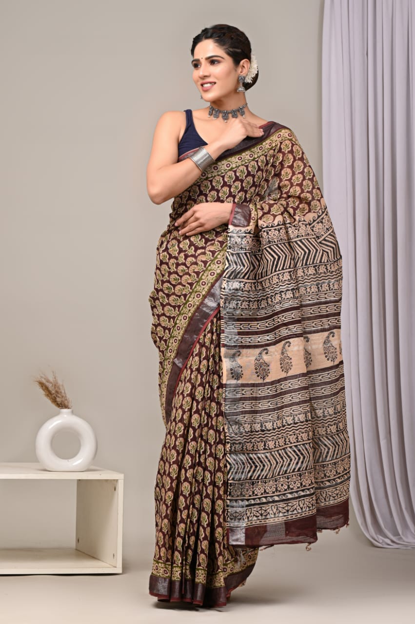 HAND BLOCK BLACK & WHITE PRINTED COTTON LINEN SAREE WITH BLOUSE(LCS53)