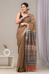 HAND BLOCK BLACK & WHITE PRINTED COTTON LINEN SAREE WITH BLOUSE(LCS52)