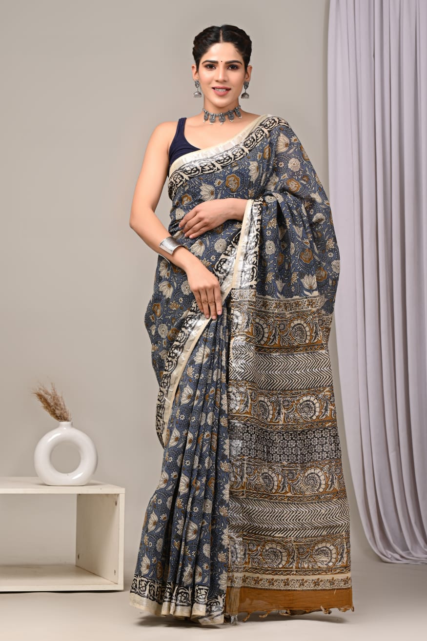 HAND BLOCK BLACK & WHITE PRINTED COTTON LINEN SAREE WITH BLOUSE(LCS59)
