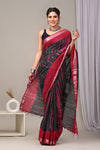 HAND BLOCK BLACK & WHITE PRINTED COTTON LINEN SAREE WITH BLOUSE(LCS65)