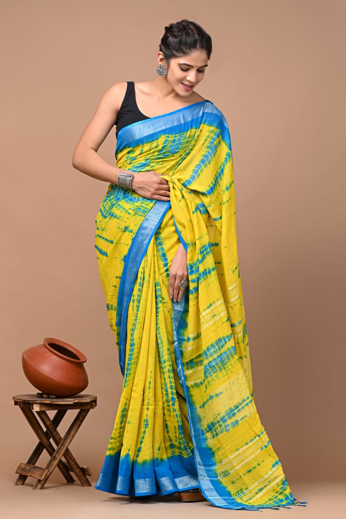 HAND BLOCK BLACK & WHITE PRINTED COTTON LINEN SAREE WITH BLOUSE(LCS64)