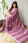 HAND BLOCK BLACK & WHITE PRINTED COTTON LINEN SAREE WITH BLOUSE(LCS73)