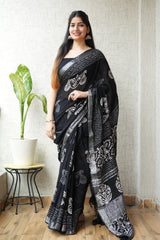 HAND BLOCK BLACK & WHITE PRINTED COTTON LINEN SAREE WITH BLOUSE(LCS74)