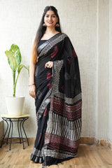 HAND BLOCK BLACK & WHITE PRINTED COTTON LINEN SAREE WITH BLOUSE(LCS78)