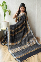 HAND BLOCK BLACK & WHITE PRINTED COTTON LINEN SAREE WITH BLOUSE(LCS76)