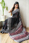 HAND BLOCK BLACK & WHITE PRINTED COTTON LINEN SAREE WITH BLOUSE(LCS85)