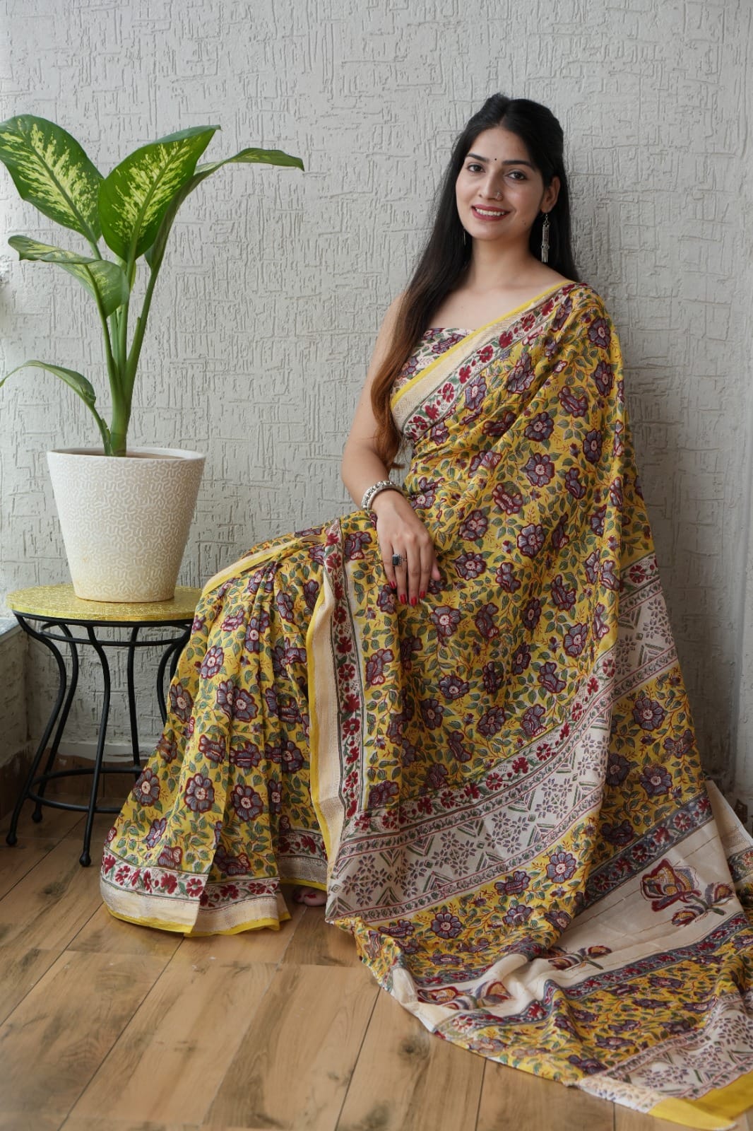Jaipuri Hand Block Bagru Printed Maheshwari Silk Saree With Blouse (MSS115)
