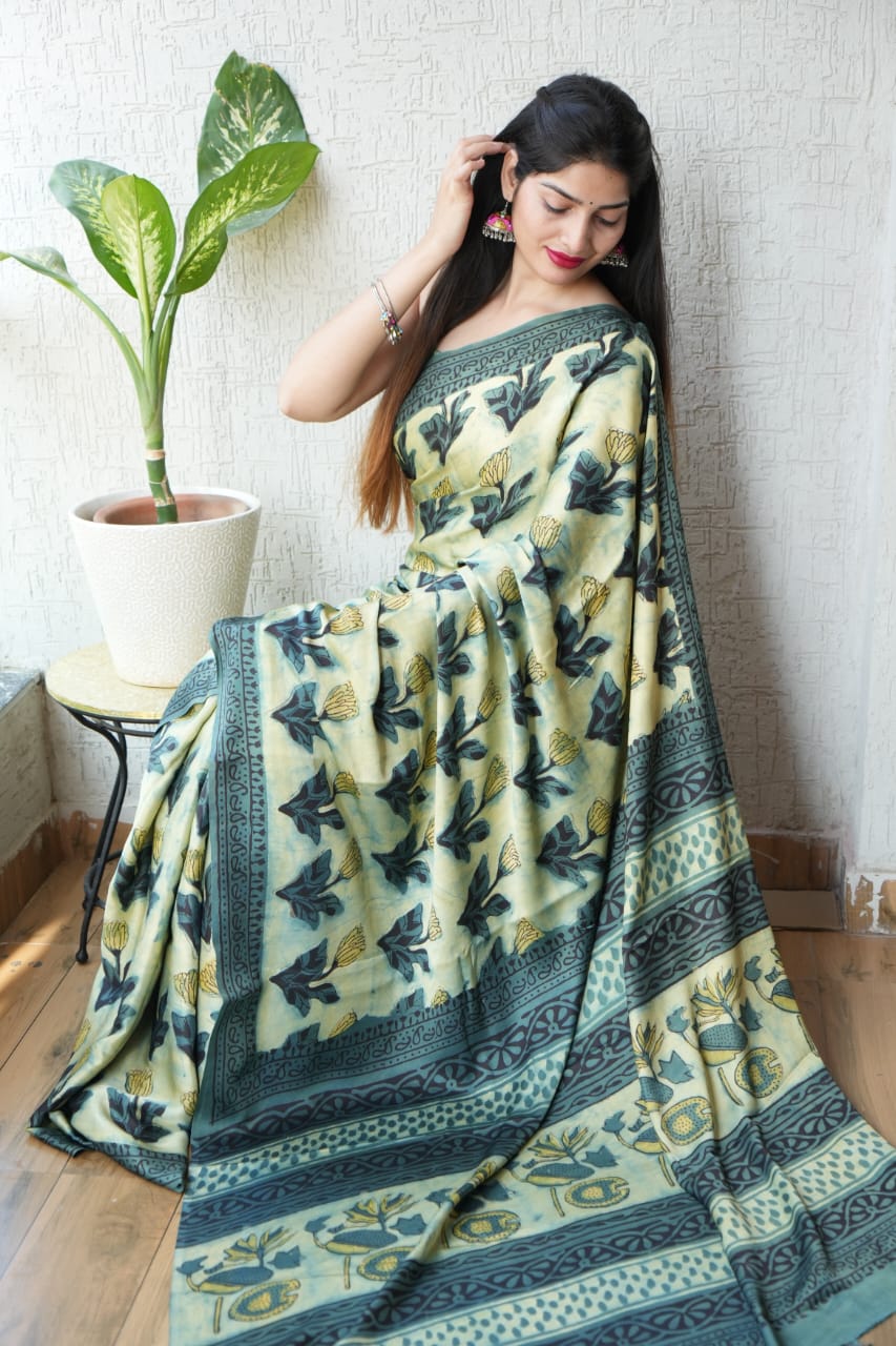 Ajrakh Hand Block Bagru Vanspati Printend Modal Silk Saree with Blouse (CID43)