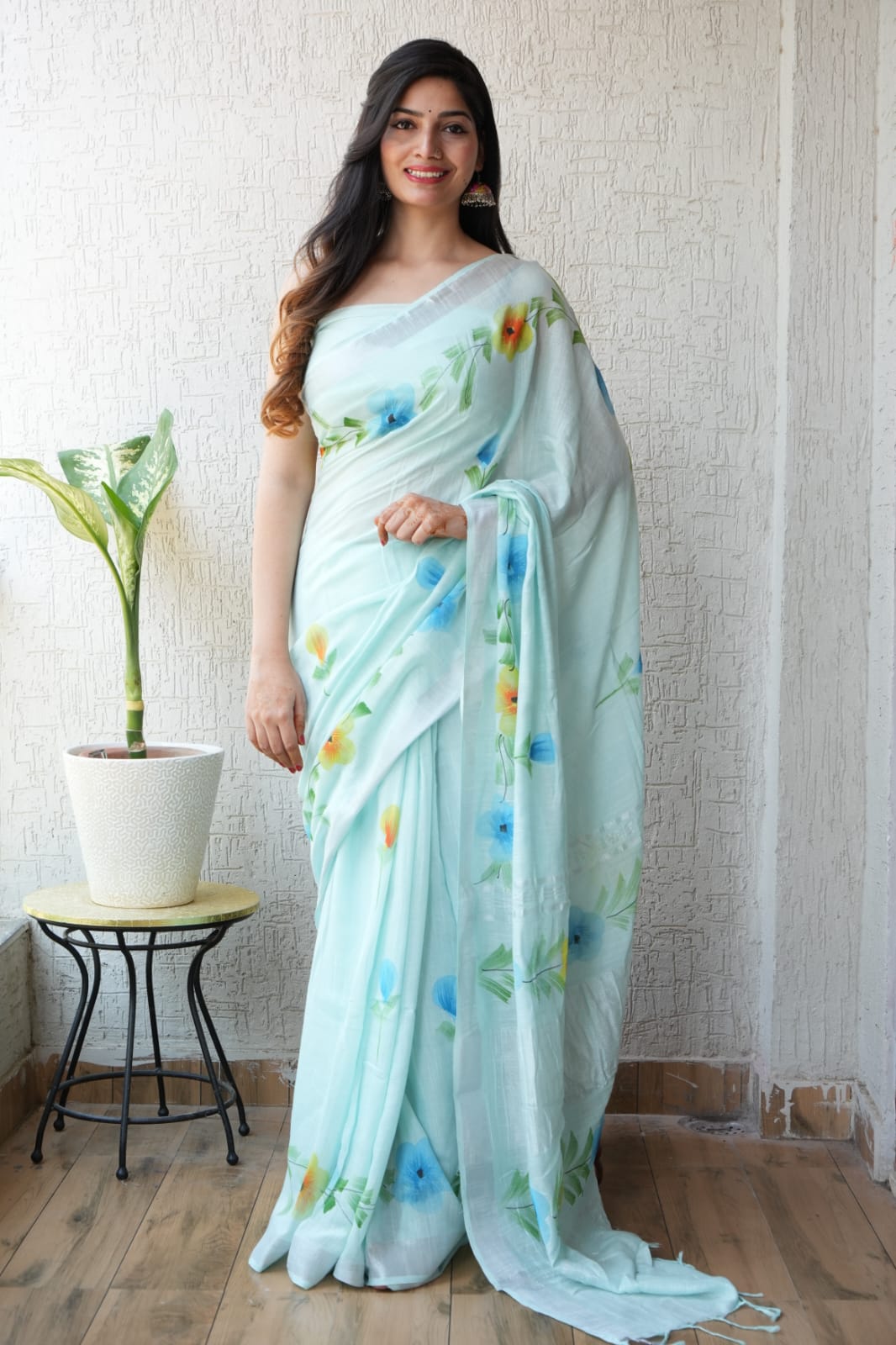 HAND BLOCK BLACK & WHITE PRINTED COTTON LINEN SAREE WITH BLOUSE(LCS94)