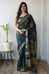 HAND BLOCK BLACK & WHITE PRINTED COTTON LINEN SAREE WITH BLOUSE(LCS92)
