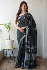 HAND BLOCK BLACK & WHITE PRINTED COTTON LINEN SAREE WITH BLOUSE(LCS95)