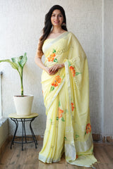 HAND BLOCK BLACK & WHITE PRINTED COTTON LINEN SAREE WITH BLOUSE(LCS99)