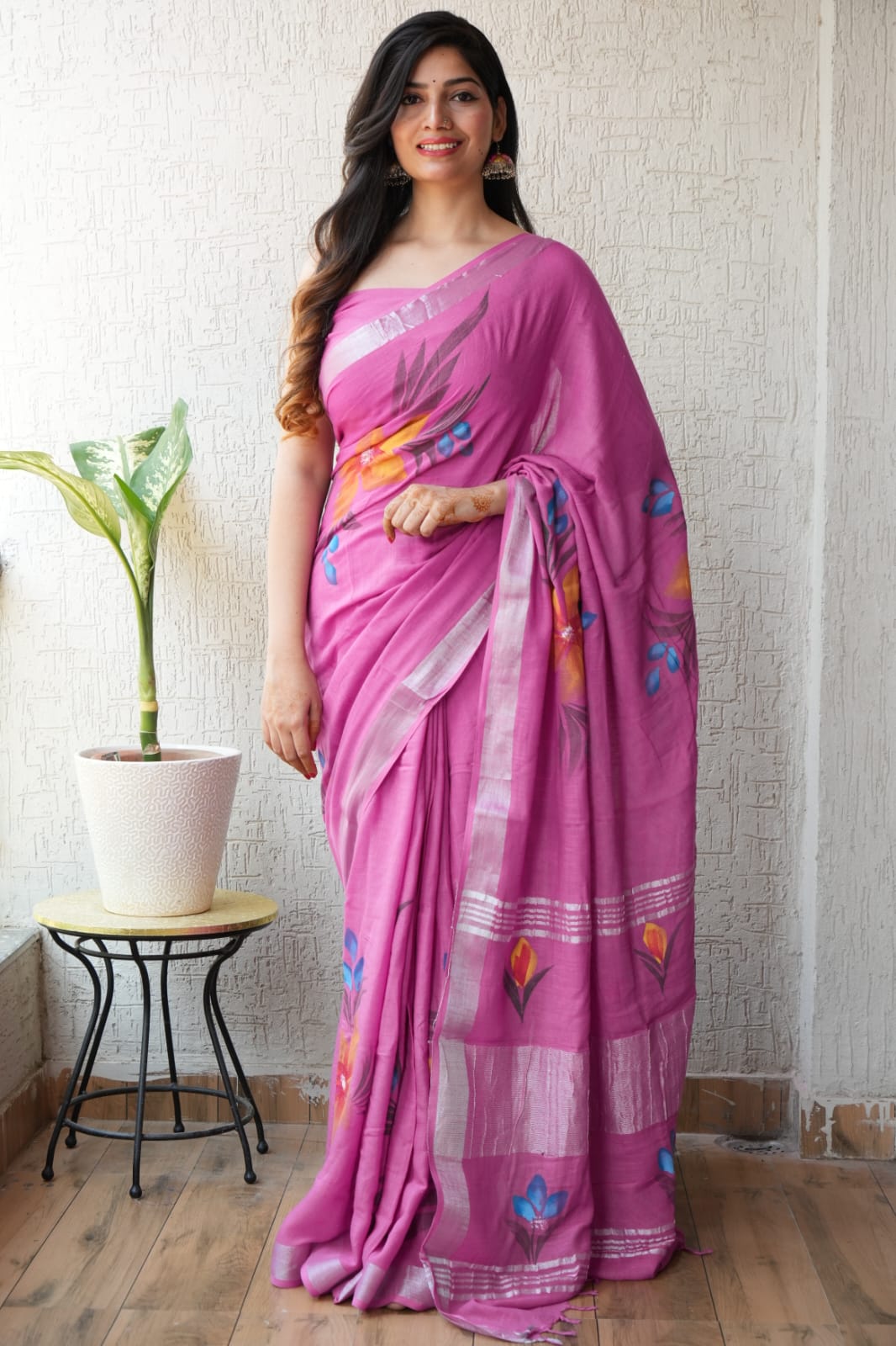 HAND BLOCK BLACK & WHITE PRINTED COTTON LINEN SAREE WITH BLOUSE(LCS102)