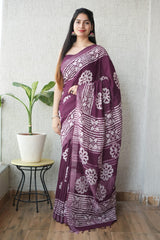 HAND BLOCK BLACK & WHITE PRINTED COTTON LINEN SAREE WITH BLOUSE(LCS103)
