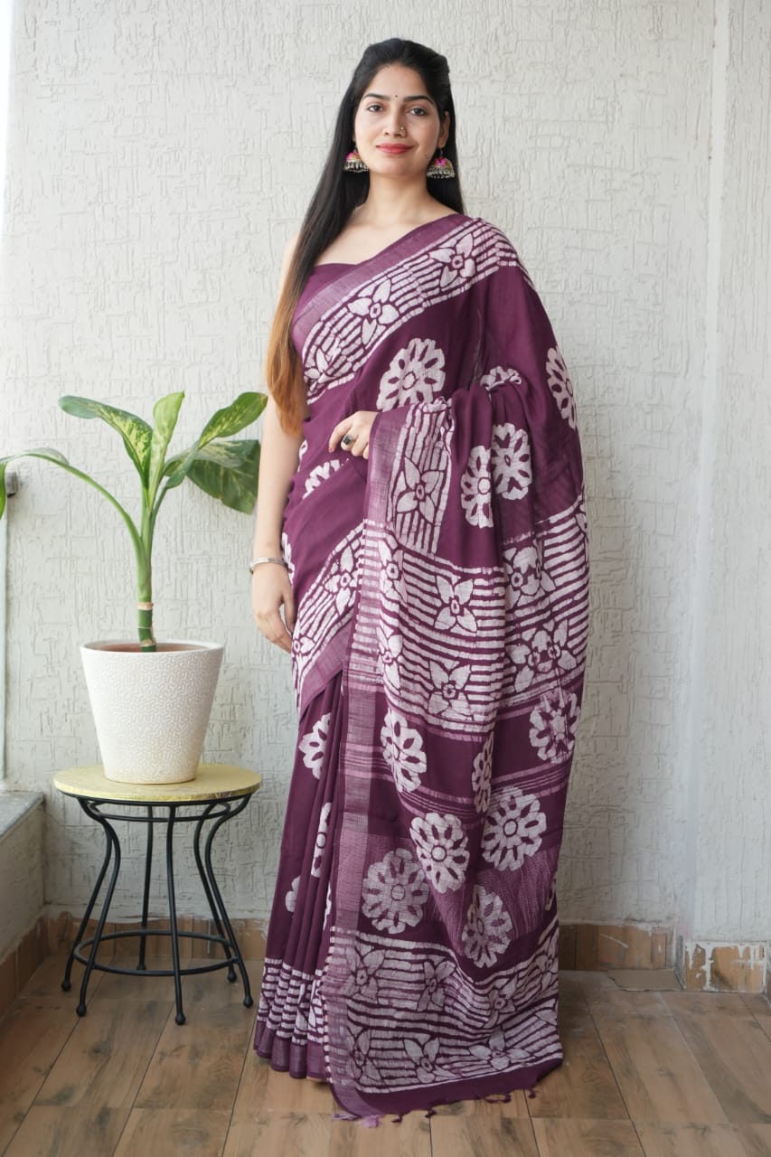 HAND BLOCK BLACK & WHITE PRINTED COTTON LINEN SAREE WITH BLOUSE(LCS103)