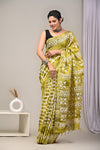 HAND BLOCK BLACK & WHITE PRINTED COTTON LINEN SAREE WITH BLOUSE(LCS109)
