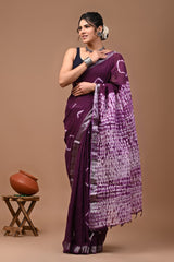 HAND BLOCK BLACK & WHITE PRINTED COTTON LINEN SAREE WITH BLOUSE(LCS113)