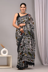 HAND BLOCK BLACK & WHITE PRINTED COTTON LINEN SAREE WITH BLOUSE(LCS111)