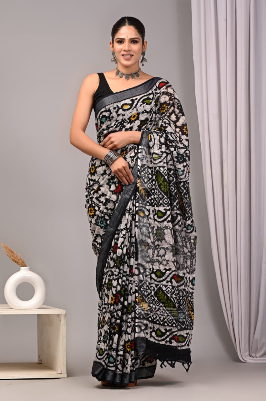 HAND BLOCK BLACK & WHITE PRINTED COTTON LINEN SAREE WITH BLOUSE(LCS111)