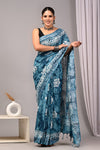 HAND BLOCK BLACK & WHITE PRINTED COTTON LINEN SAREE WITH BLOUSE(LCS114)