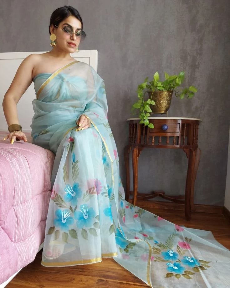 HAND BURSH PAINTED ORGANZA SILK SAREE WITH BLOUSE (CIB14)