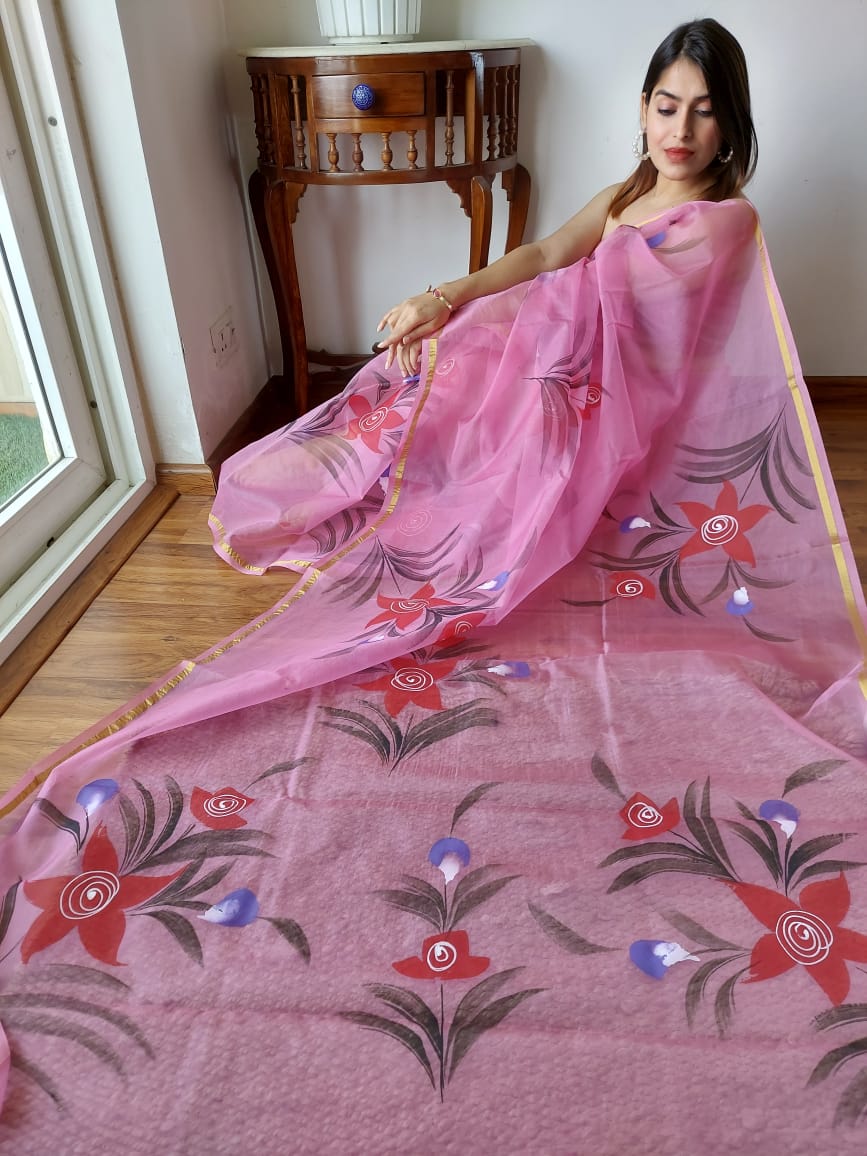 HAND BURSH PAINTED ORGANZA SILK SAREE WITH BLOUSE (CIB26)