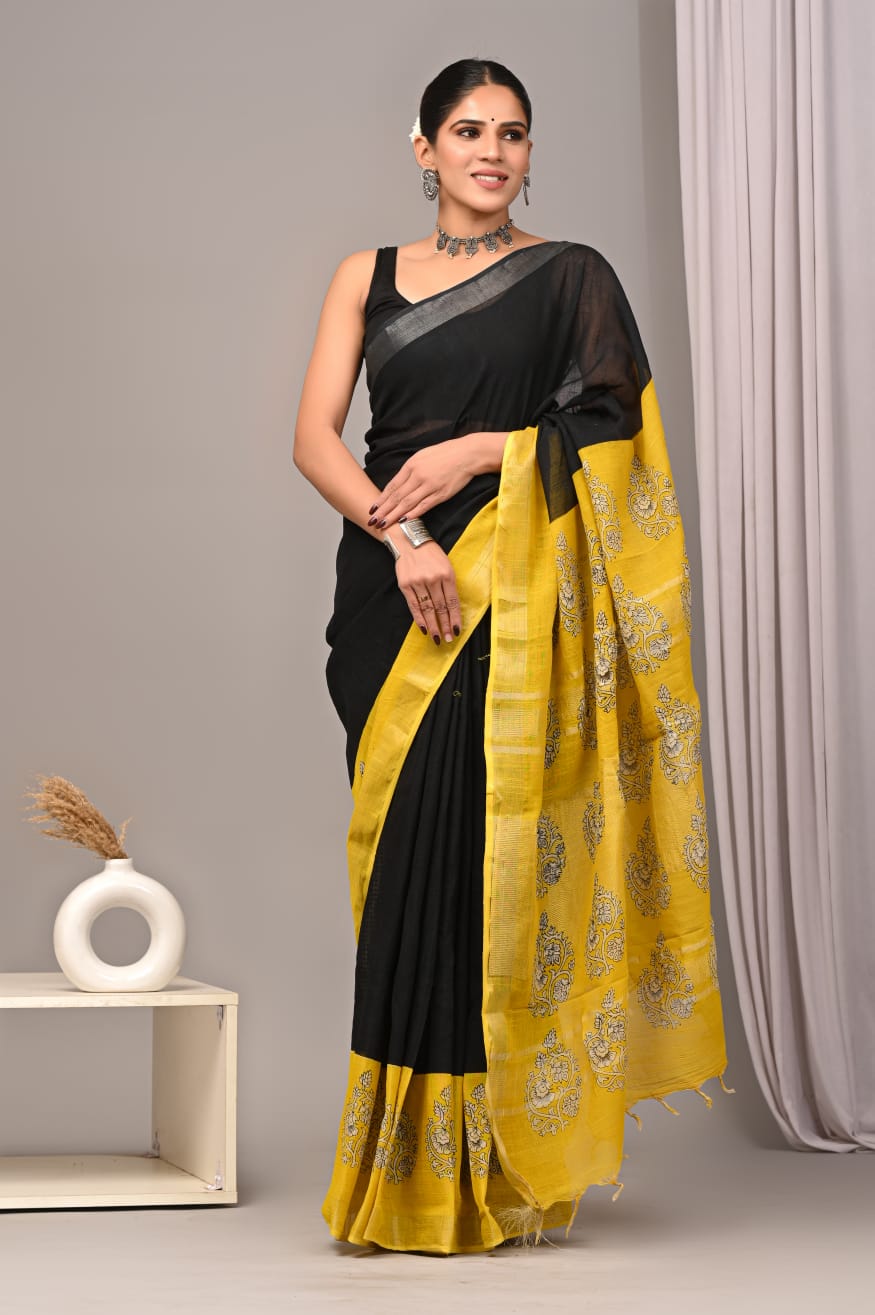 HAND BLOCK BLACK & WHITE PRINTED COTTON LINEN SAREE WITH BLOUSE(LCS127)