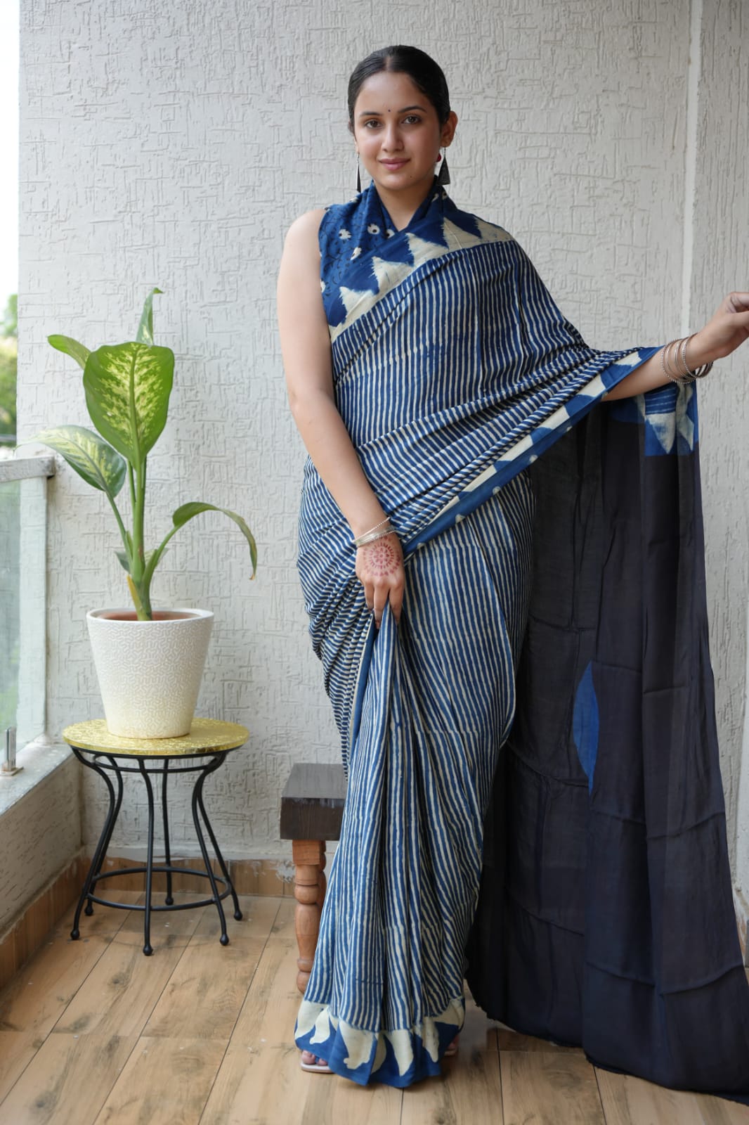 Ajrakh Hand Block Bagru Vanspati Printend Modal Silk Saree with Blouse (CID52)
