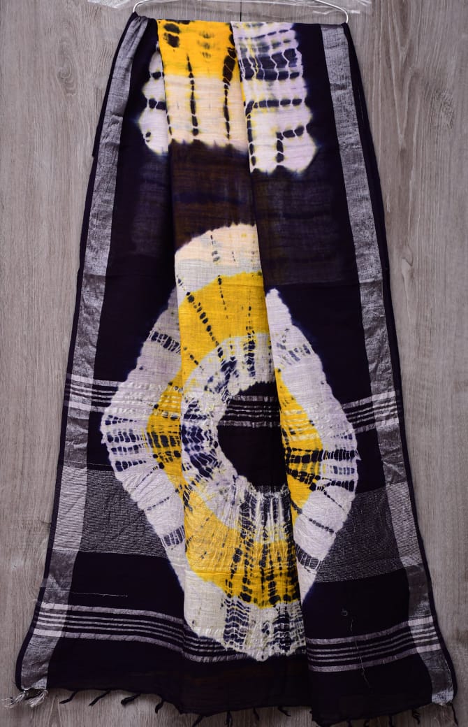 HAND BLOCK BLACK & WHITE PRINTED COTTON LINEN SAREE WITH BLOUSE(LCS84)