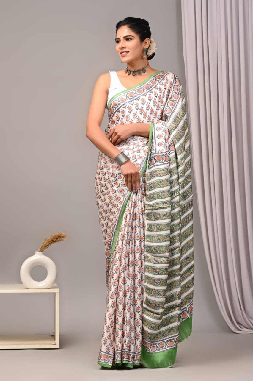Ajrakh Hand Block Bagru Vanspati Printend Modal Silk Saree with Blouse (CID62)