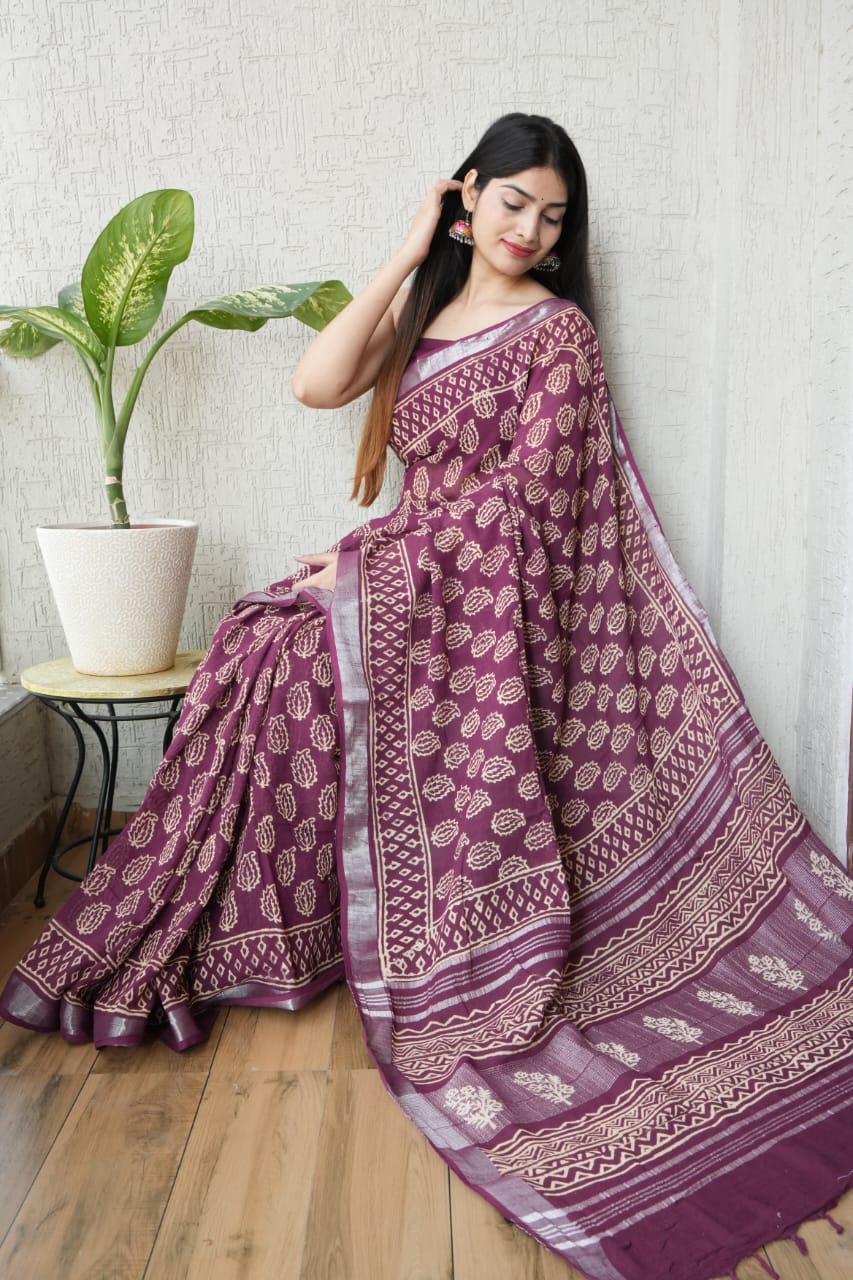 HAND BLOCK BLACK & WHITE PRINTED COTTON LINEN SAREE WITH BLOUSE(LCS129)