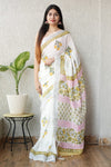 HAND BLOCK BLACK & WHITE PRINTED COTTON LINEN SAREE WITH BLOUSE(LCS133)