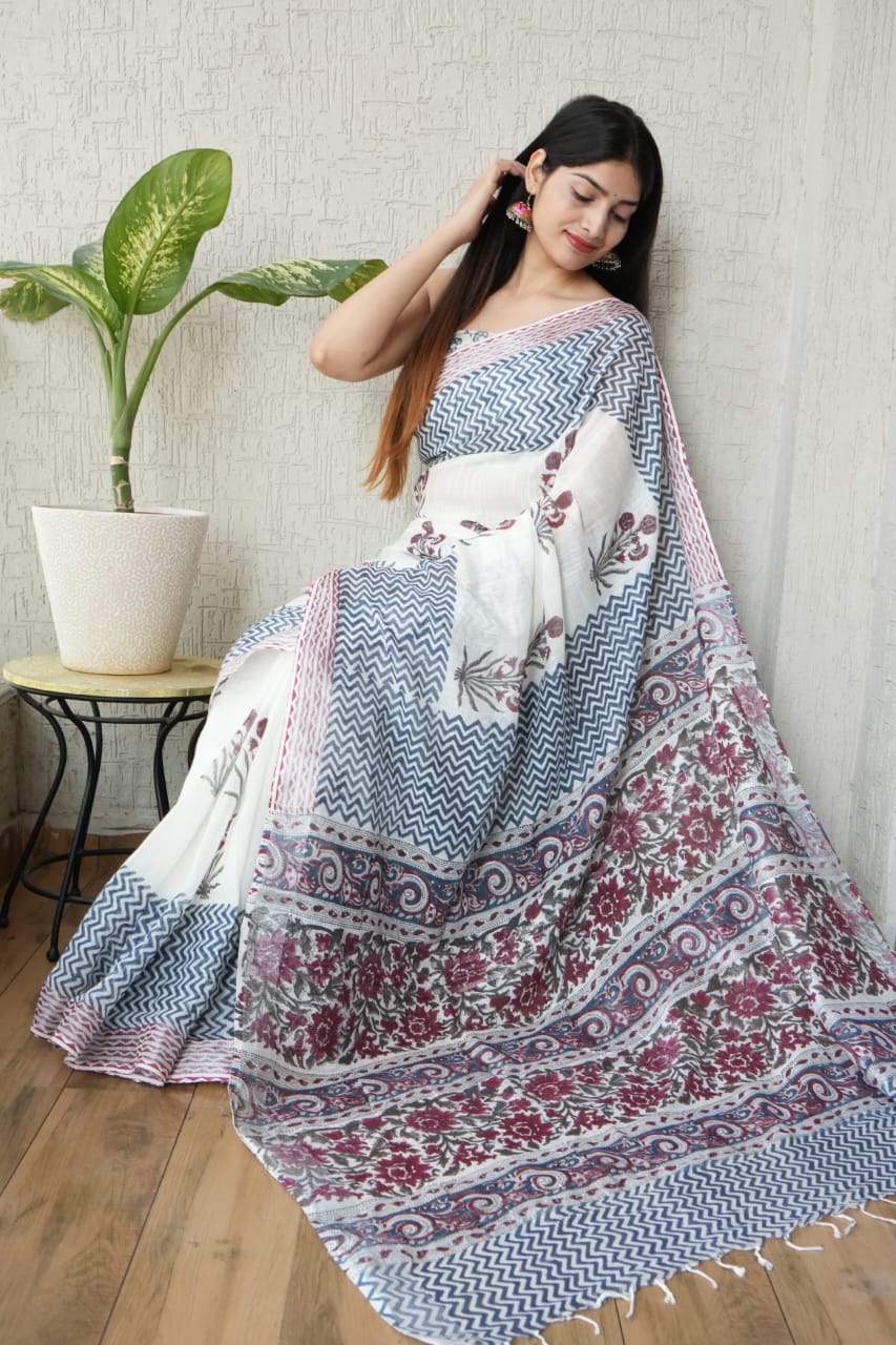 HAND BLOCK BLACK & WHITE PRINTED COTTON LINEN SAREE WITH BLOUSE(LCS134)