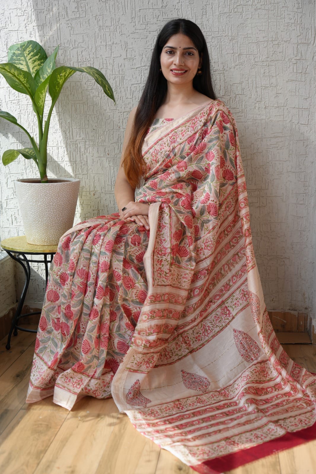 Jaipuri Hand Block Bagru Printed Maheshwari Silk Saree With Blouse (MSS76)