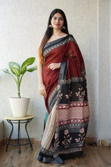 HAND BLOCK BLACK & WHITE PRINTED COTTON LINEN SAREE WITH BLOUSE(LCS121)