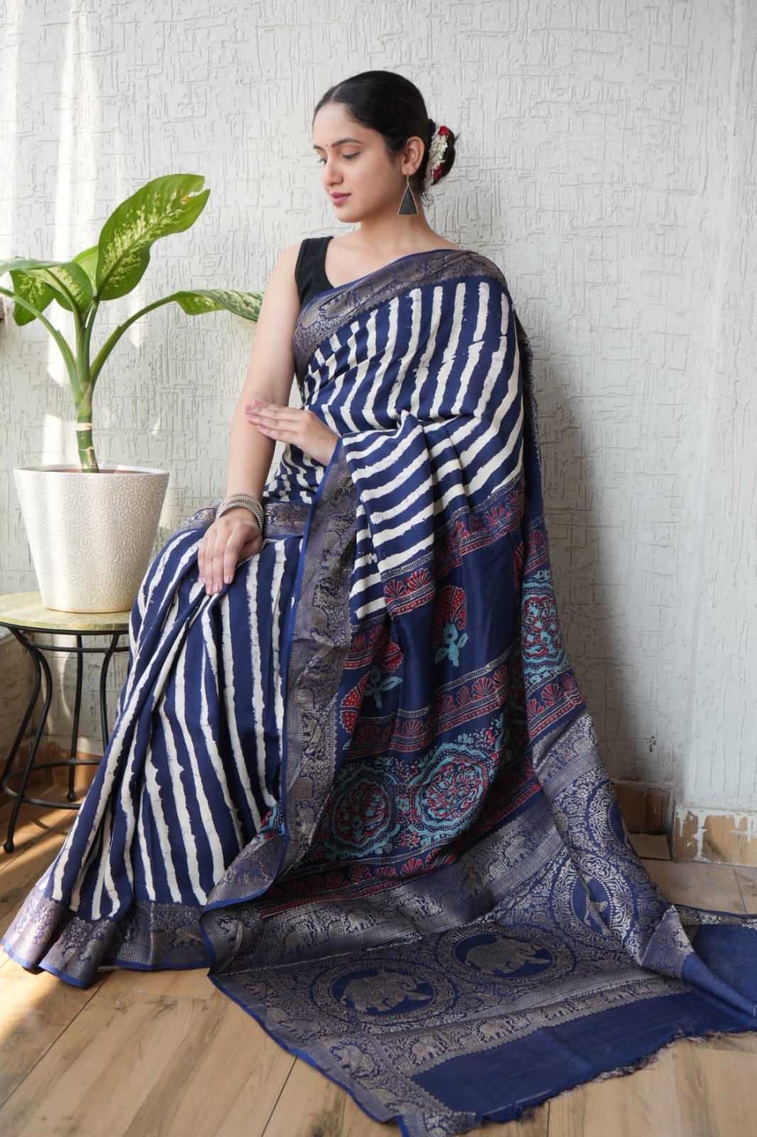 AJRAKH PRINTED PURE DOLA SILK SAREE WITH BLOUSE (MS37)